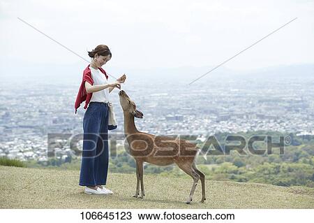 Stock Image - Young Japanese with deer at Nara Park. Fotosearch