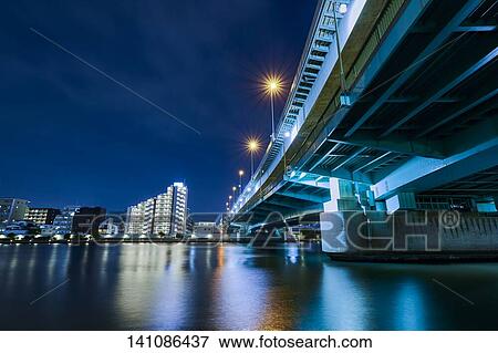 Bridge In The City At Night View Large Photo Image Stock Photo - Bridge In The City At Night. Fotosearch