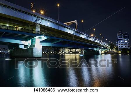 Bridge In The City At Night View Large Photo Image Stock Photograph - Bridge In The City At Night. Fotosearch