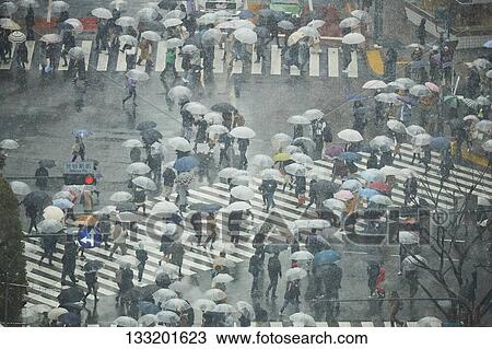 Stock Image - People Crossing A Crossroad On A Rainy Day In Tokyo, Japan. Fotosearch