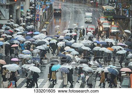 Stock Photography - People Crossing A Crossroad On A Rainy Day In Tokyo, Japan. Fotosearch
