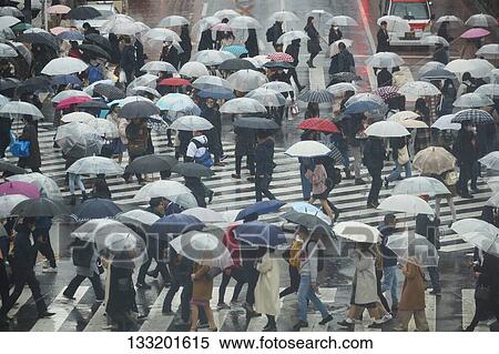 Stock Photography - People Crossing A Crossroad On A Rainy Day In Tokyo, Japan. Fotosearch