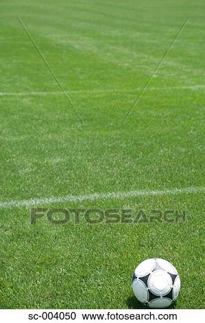 Stock Image - Soccer ball on grass field. Fotosearch