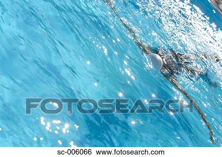 Stock Photograph - High Angle View of Female Swimmer Swimming Backstroke. Fotosearch