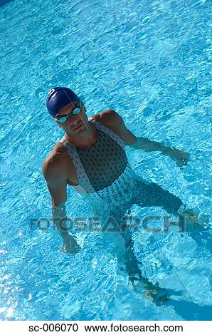 Stock Image - Male Swimmer Standing in Pool. Fotosearch