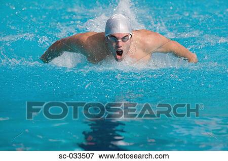 Stock Photo - Swimmer swimming butterfly stroke. Fotosearch
