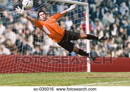 Stock Photograph - Goalkeeper diving for a save. Fotosearch
