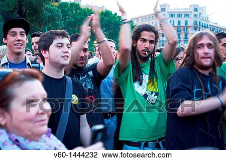 Stock Image - -Crowds of Indignants of 15M, Spanish Revolution- Catalonian Square in Barcelona (Spain).. Fotosearch