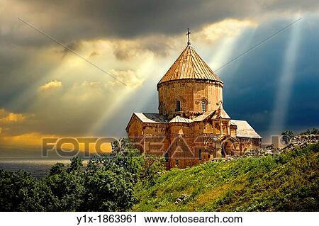 Stock Image - 10th century Armenian Orthodox Cathedral of the Holy Cross on Akdamar Island, Lake Van Turkey 53. Fotosearch