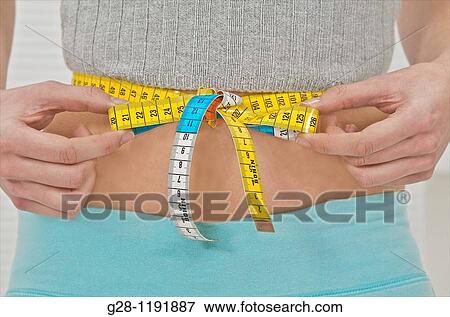 2 hands of young woman measuring her waistline with a knotted measuring tape ( detail ) View Large Photo Image Stock Photo - 2 hands of young woman measuring her waistline with a knotted measuring tape ( detail ). Fotosearch