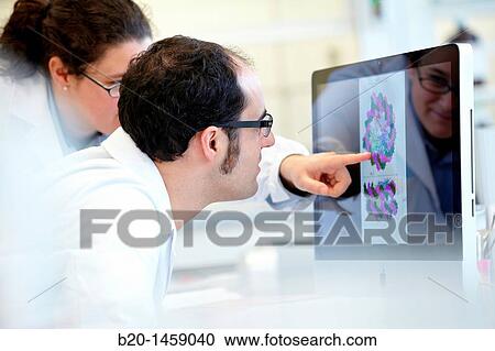 Stock Image - 3D computational model of DNA packaging, research lab, IkerChem research lab, design and synthesis of new chemical entities with therapeutic applications in oncology. Fotosearch