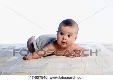 4 month old baby, lying on her tummy smiling off camera, lifting her head up View Large Photo Image Stock Image - 4 month old baby, lying on her tummy smiling off camera, lifting her head up. Fotosearch