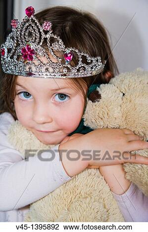 4 years old girl in tiara with teddy bear. View Large Photo Image Stock Image - 4 years old girl in tiara with teddy bear.. Fotosearch