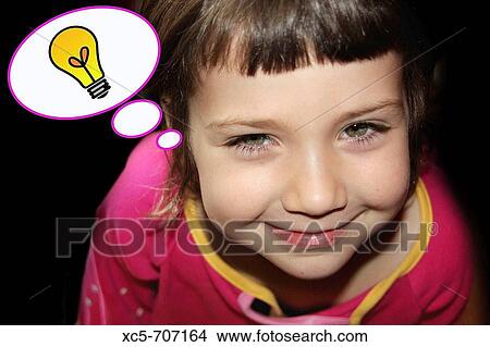 Picture - 5 year old girl having an idea. Fotosearch