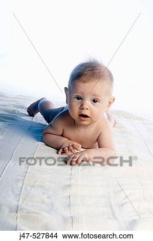 6 month old baby, lying on his tummy looking surprised, and startled, into the camera lifting his head up View Large Photo Image Picture - 6 month old baby, lying on his tummy looking surprised, and startled, into the camera lifting his head up. Fotosearch
