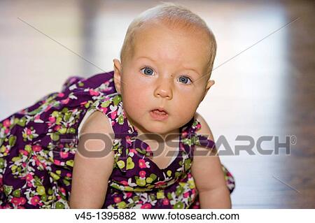 Stock Image - 6 months old baby girl crawling on the floor. Fotosearch
