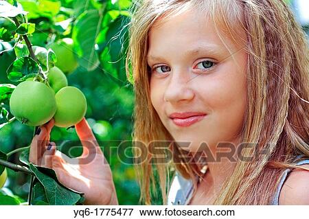 Stock Photo - A 12 year old, smiling girl with green apples in the garden. Fotosearch
