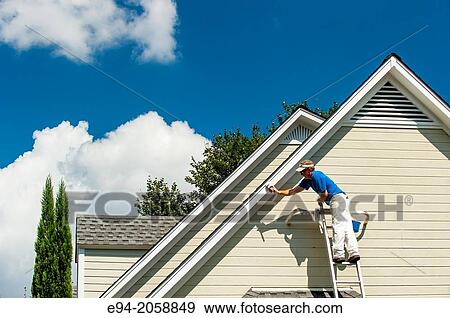 A 45 year old man on a ladder painting the white trim of a house. View Large Photo Image Stock Photo - A 45 year old man on a ladder painting the white trim of a house.. Fotosearch