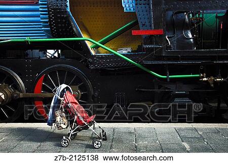 Stock Photo - A baby carriage close to a old train in the station of the train museum of Madrid, Spain.. Fotosearch