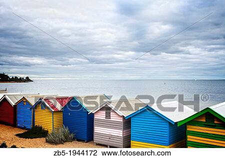 A back view of the famous bathing huts on Brighton Beach, Melbourne, Australia, on a soft light day. View Large Photo Image Stock Image - A back view of the famous bathing huts on Brighton Beach, Melbourne, Australia, on a soft light day.. Fotosearch
