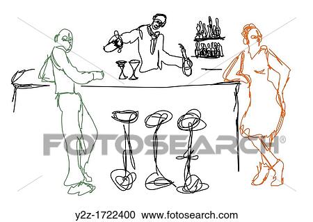 Stock Image - A bartender making cocktails for a man and a woman ignoring each other. Fotosearch