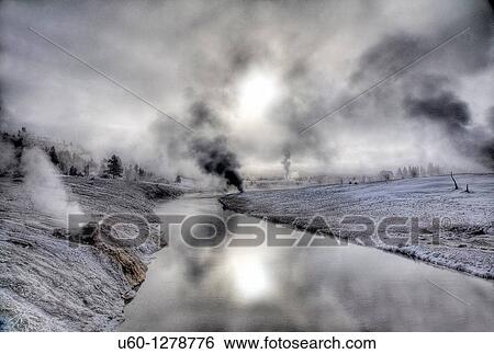 A cold winter morning produces frost and steam along the Firehole River at the Upper Geyser Basin at Yellowstone National Park, Wyoming View Large Photo Image Stock Photograph - A cold winter morning produces frost and steam along the Firehole River at the Upper Geyser Basin at Yellowstone National Park, Wyoming. Fotosearch