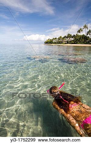 Stock Photo - A female snorkels in clear water in Lahaina, Maui, Hawaii. Fotosearch