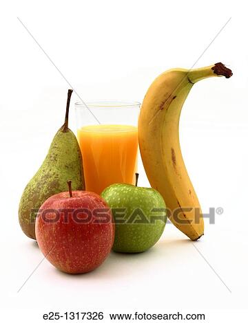 A glass of orange juice with a banana, red and green apples and a pear on a white background. View Large Photo Image Stock Photograph - A glass of orange juice with a banana, red and green apples and a pear on a white background.. Fotosearch