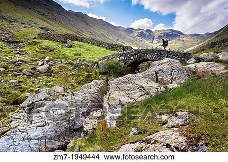 A hiker crosses Stockley Bridge on a bright spring day from Seathwaite Fell in the Lake District, Cumbria UK. View Large Photo Image Picture - A hiker crosses Stockley Bridge on a bright spring day from Seathwaite Fell in the Lake District, Cumbria UK.. Fotosearch