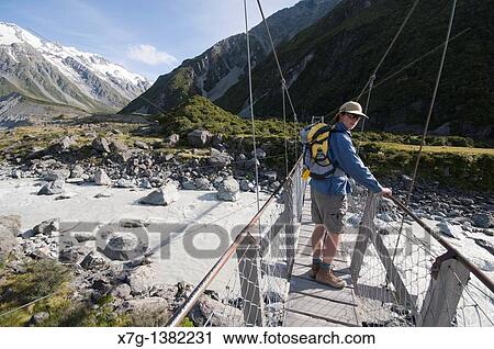 Stock Image - A hiker crossing the first Hooker Valley swingbridge, en route for the glacier lake, South Island of New Zealand. Fotosearch