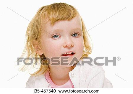 A horizontal image of a three year old girl with blonde hair wearing a white sweater and pink top looks pleased and content. View Large Photo Image Stock Image - A horizontal image of a three year old girl with blonde hair wearing a white sweater and pink top looks pleased and content.. Fotosearch
