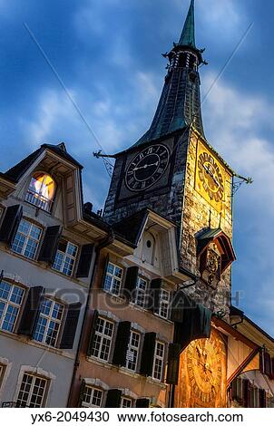 Stock Image - A major landmark in the city of Solothurn, Switzerland. It was built in 1467 and in 1545 the astronomic clock dial was added by Lorenz Liechti and Joachim Habrecht.. Fotosearch