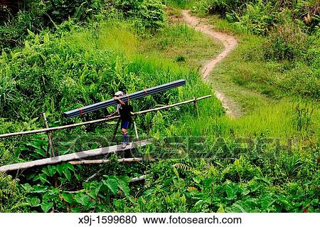 A man carrying building material through the bamboo bridge. View Large Photo Image Stock Image - A man carrying building material through the bamboo bridge.. Fotosearch