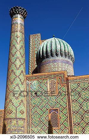 A minaret and dome of Sher Dor Madrasah, also known as Shir Dor Madrasah, Registan Square, Samarkand, Uzbekistan. View Large Photo Image Stock Photography - A minaret and dome of Sher Dor Madrasah, also known as Shir Dor Madrasah, Registan Square, Samarkand, Uzbekistan.. Fotosearch