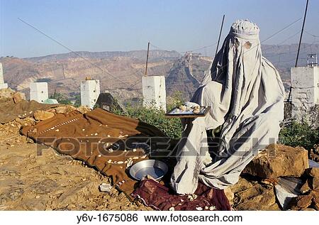 Stock Photograph - A muslim woman is begging. She is wearing a burqa. At Ajmer, Rajasthan, India.. Fotosearch