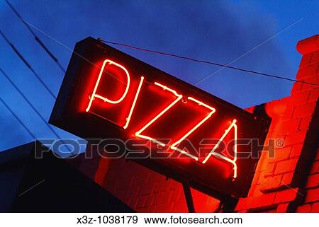 A neon pizza sign against a night sky View Large Photo Image Stock Photo - A neon pizza sign against a night sky. Fotosearch