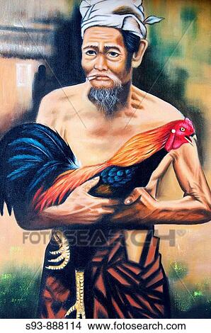 A painting of a Balinese farmer and his fighting rooster in Ubud, Bali. View Large Photo Image Picture - A painting of a Balinese farmer and his fighting rooster in Ubud, Bali.. Fotosearch