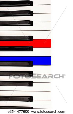 Stock Image - A piano keyboard with red, white and blue colored keys. Fotosearch