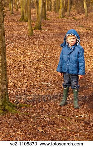 Stock Image - A picture of a 6 year old boy in a Uk wood. Fotosearch