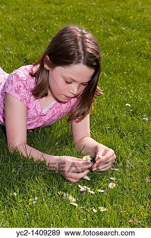 Stock Photo - A picture of a nine year old girl picking daisies outdoors in the Uk. Fotosearch