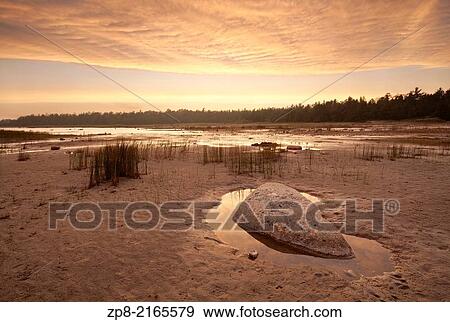 Stock Photo - A rock sits in a small pool of water under a hazy sunset causing very warm and unusual light conditions at Singing Sands, Bruce Peninsula National Park, Ontario, Canada.. Fotosearch