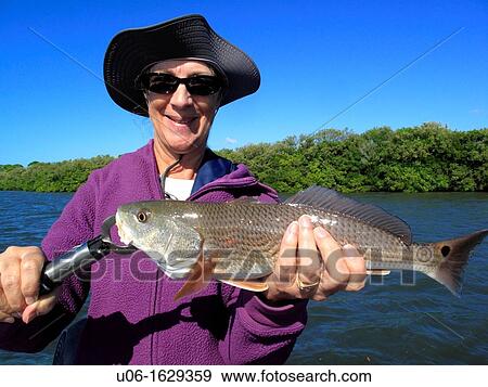 a senior woman holding a fish that she has caught View Large Photo Image Stock Photo - a senior woman holding a fish that she has caught. Fotosearch