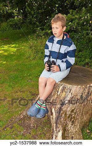 Stock Photo - A seven year old boy birdwatching with binoculars at Fairhaven woodland and water garden in South Walsham, Norfolk, England, Britain, Uk. Fotosearch