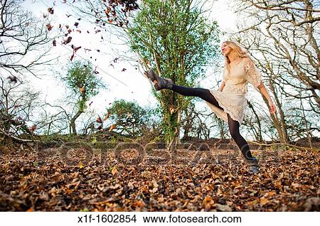 a slim blonde woman girl alone in woodland autumn afternoon daytime kicking up dry leaves, UK View Large Photo Image Picture - a slim blonde woman girl alone in woodland autumn afternoon daytime kicking up dry leaves, UK. Fotosearch