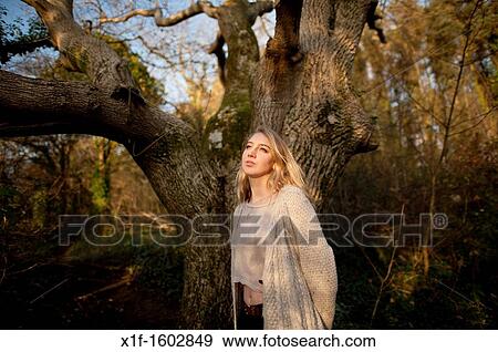 a slim blonde woman girl alone in woodland autumn afternoon daytime UK View Large Photo Image Stock Photo - a slim blonde woman girl alone in woodland autumn afternoon daytime UK. Fotosearch