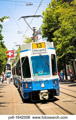 Stock Photograph - A streetcar running along Bahnhofstrasse in Zurich, Switzerland. Fotosearch