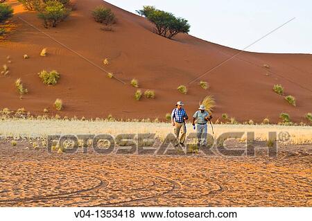 A tourist and his guide walking down the red dunes in the Namib Naukluft Park, Namibia, Africa View Large Photo Image Stock Photo - A tourist and his guide walking down the red dunes in the Namib Naukluft Park, Namibia, Africa. Fotosearch