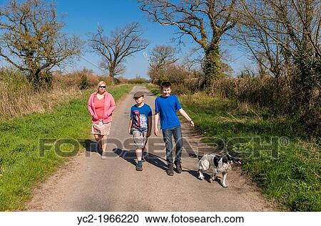 A woman and her two sons walking the dog down a country lane in Sotterley, Suffolk, England, Britain, Uk. View Large Photo Image Stock Image - A woman and her two sons walking the dog down a country lane in Sotterley, Suffolk, England, Britain, Uk.. Fotosearch
