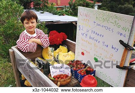 Stock Image - A young boy showing initiative by selling garden produce from a roadside stall. Fotosearch