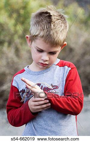Stock Photo - A young caucasian boy, 5-10, inspects a snakeskin he found outdoors.. Fotosearch